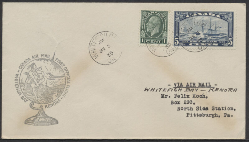 1935 Flight Cover Whitefish Bay to Kenora ONT #204 5c Royal William AAMC 3501a