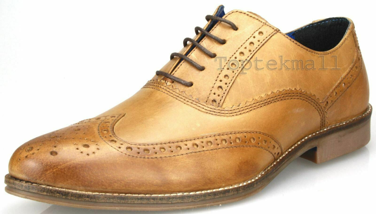 Pre-owned Toe Wing Handmade Men's Leather Oxfords Tan Brown Oxford Full Brogue  Shoes-848