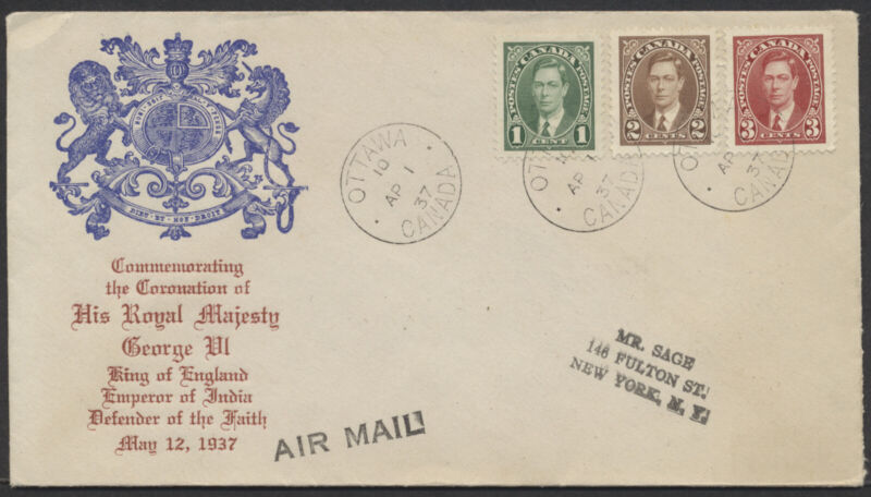 1937 #231-233 1c-3c George VI Mufti FDC Gimbels Cachet Ottawa CDS