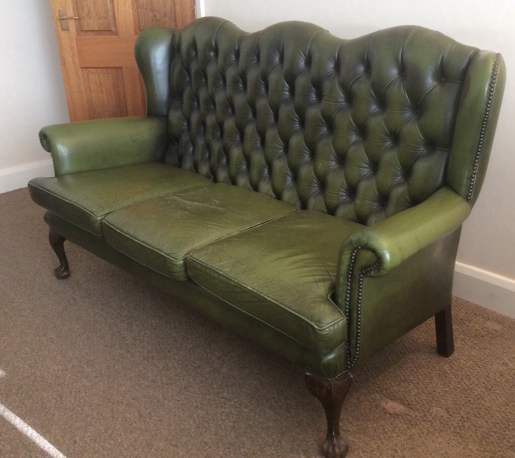 VINTAGE ANTIQUE GREEN LEATHER CHESTERFIELD QUEEN ANNE HIGH WING BACK 3