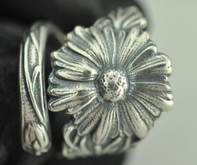Solid 925 Sterling Silver Large Daisy Flower Adjustable Spoon Ring