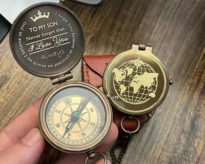 Engraved Brass Compass with Authentic Leather Pouch custom logo text design