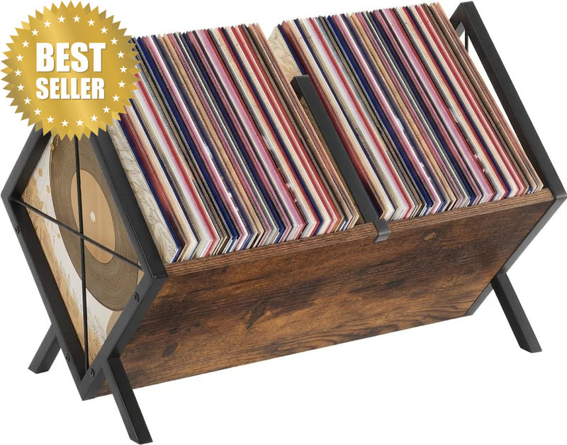 Vinyl Record Holder, 80-100 LP Record Storage Rack, Vinyl Record Display with Ad