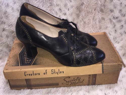 Vintage 1930s Black Lace Up Shoes Oxford Pump Society Maid Heels Original Box