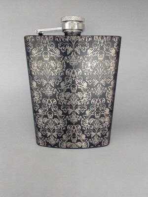 Victorian Floral Skull Engraved 8oz Stainless Steel Flask