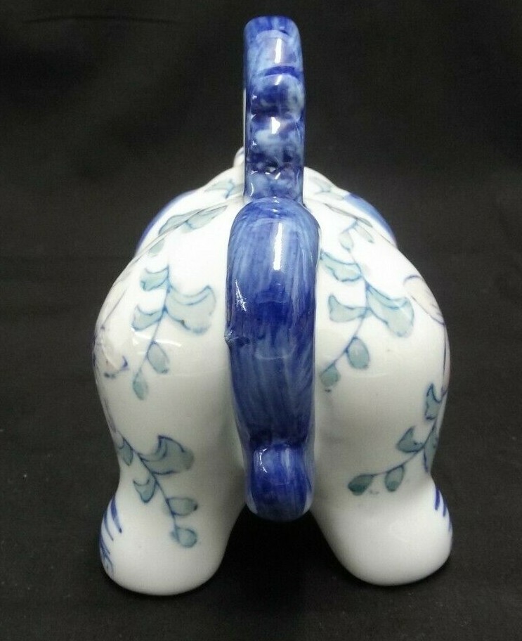 HAND PAINTED CERAMIC ELEPHANT TEAPOT COBALT BLUE WHITE PINK GREEN SHABBY CHIC