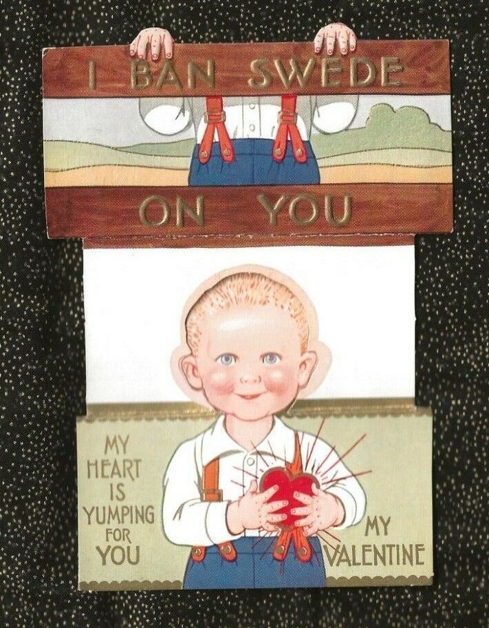 Vintage Embossed Folded Valentine SWEDISH BOY in Suspenders; I BAN SWEDE ON YOU!