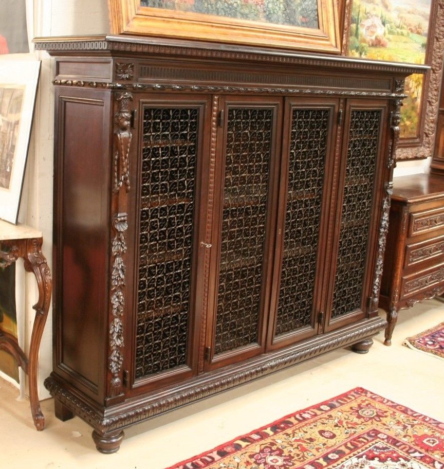 Italian Renaissance Style 4 Door Bookcase w Iron Grills Carved W 88