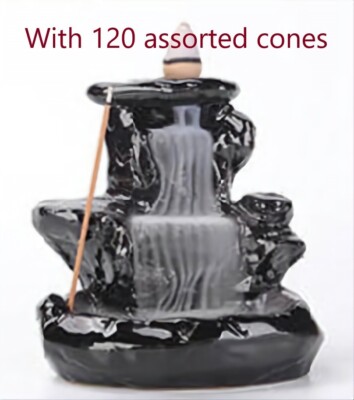 WATERFALL BACKFLOW BURNER WITH 120 Assorted INCENSE CONES  Flat River Rocks