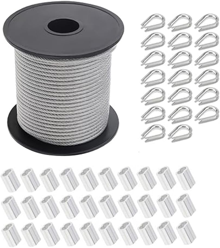 30M Stainless Steel Wire Rope Kit with 30 Crimping Sleeves & 20 Thimbles, Durabl