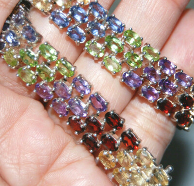SETA 925 Sterling Silver 3 Row Tennis Bracelet 101 Multicolor Gemstone Rows