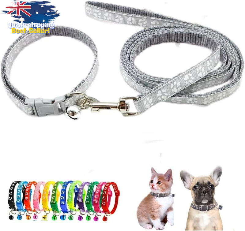 Reflective Cat Collar Set with Bell & Leash - Nylon Paw Print for Small Pets