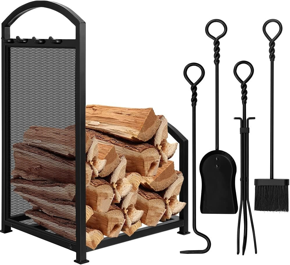 Fireplace Tools Set & Log Rack Firewood Holder Lumber Storage Fire Accessories