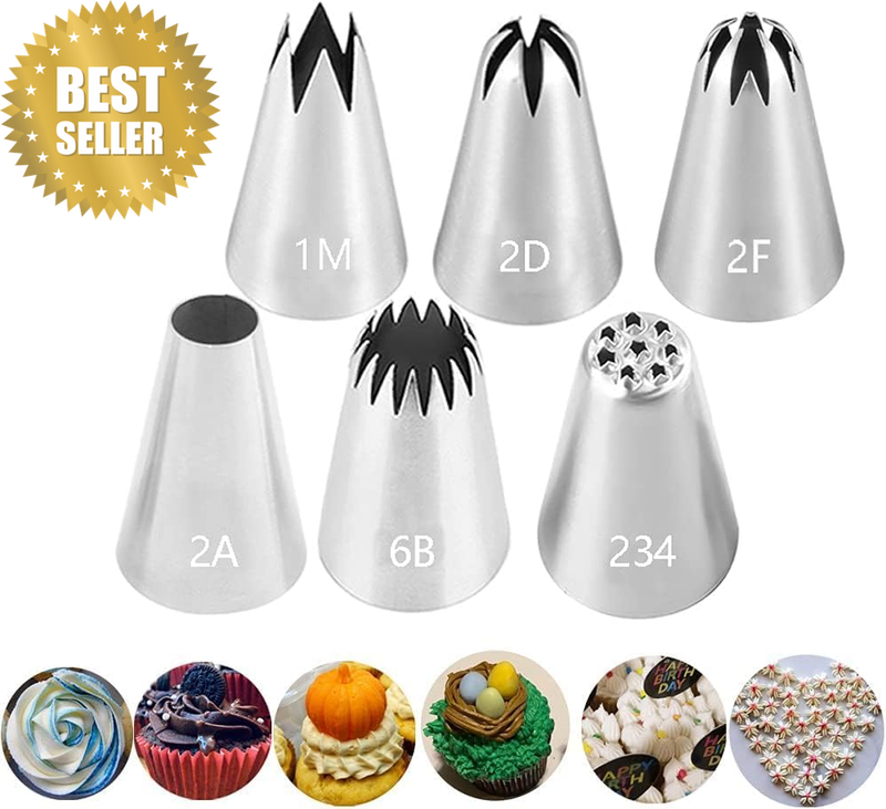 6Pcs Stainless Steel Piping Tip Set #1M 2A 2D 2F 6B 234 Decorating Nozzles