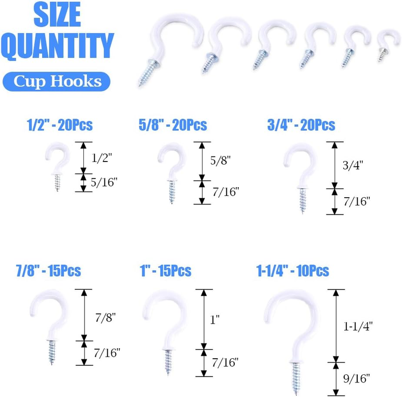 100-Pieces 6 Sizes White Vinyl Coated Cup Hooks Screw-in Ceiling Hooks Screw Hoo