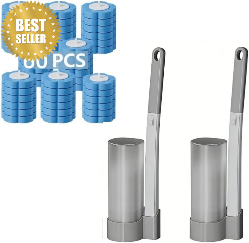 2 Pack Disposable Toilet Brush with Transparent Holder Set, Extended Handle & 60