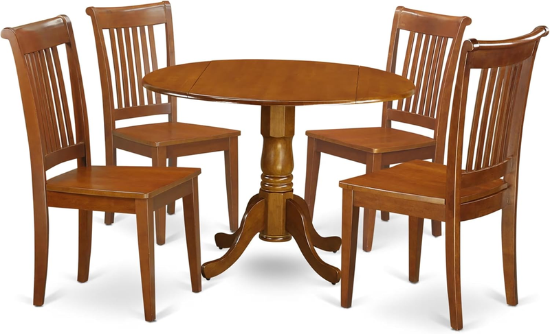 DLPO5-SBR-W 5 Piece Kitchen Table & Chairs Set Includes a round Dining Table with Dropleaf and 4 Dining Room Chairs, 42X42 Inch, Saddle Brown