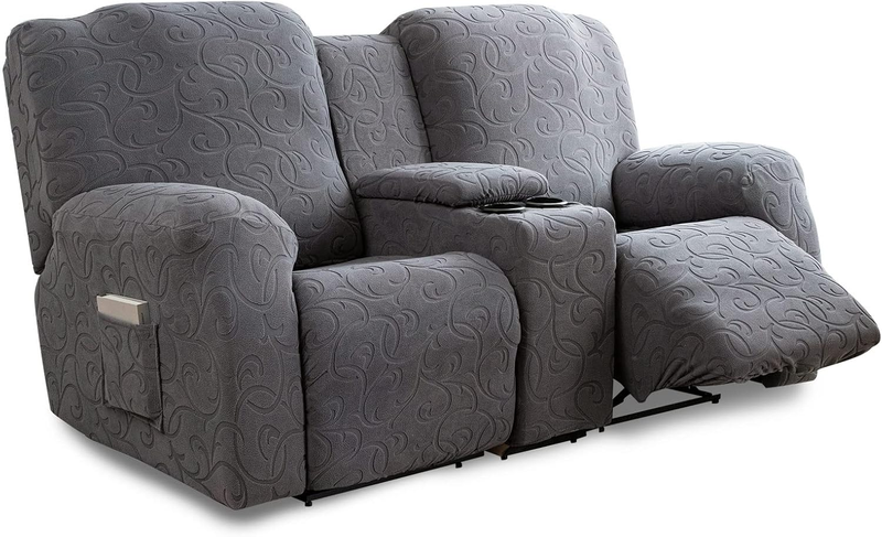 Recliner Loveseat Cover with Center Console, 2 Seater Jacquard Recliner Sofa Slipcover with Pockets Washable Stretch Reclining Couch Covers Furniture Protector with Elastic Straps (Dark Gray)