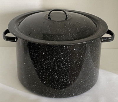 Vintage Enamelware Black Speckled Small Stock Pot Camping Farmhouse