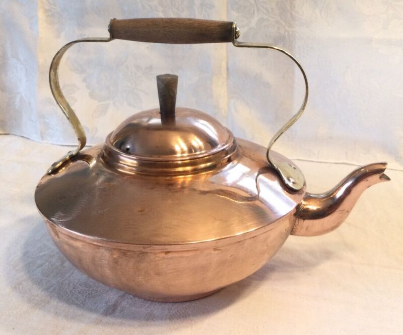 Vintage Copper Tea Pot Kettle with Wood Handle. Atomic UFO look. Portugal
