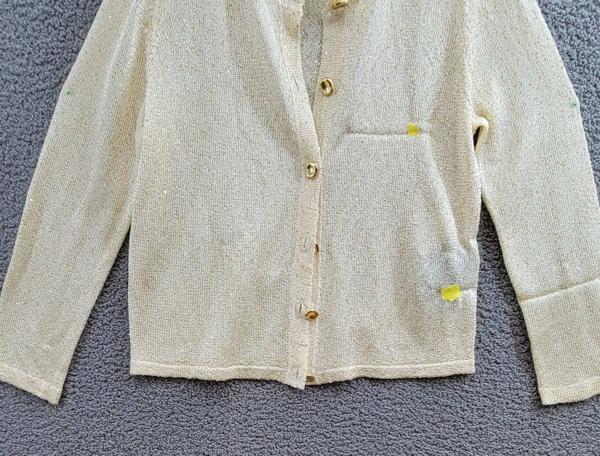 Donna Karan New York Metallic Cardigan Women's L Cream/Gold Button Front L/S - Picture 4 of 13