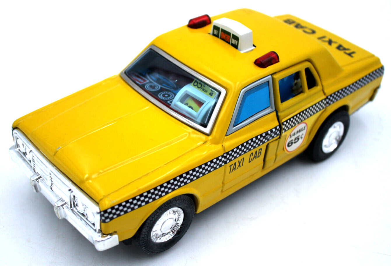 Vintage Battery Operated Mystery Action TAXI CAB TIN TOY CAR