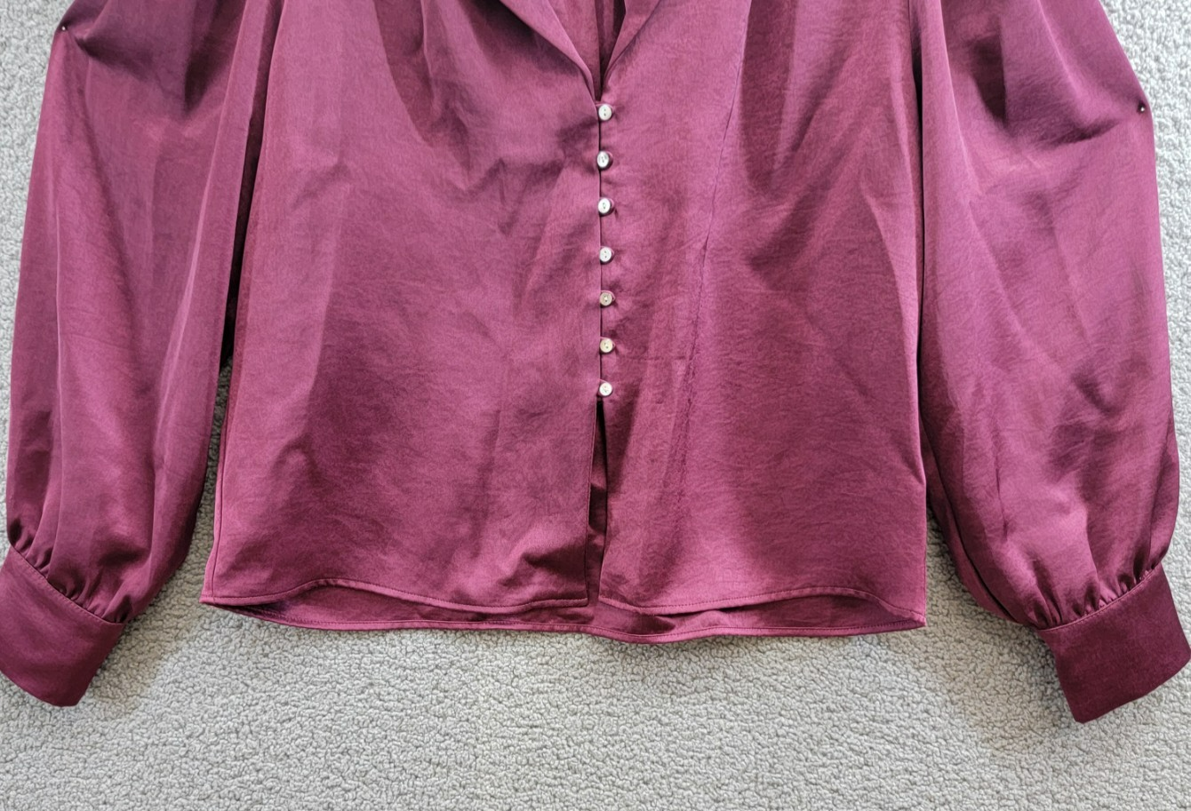 Karen Kane Shirred Blouse Womens XL Wine Solid Collared Long Sleeve Button Front - Picture 4 of 16