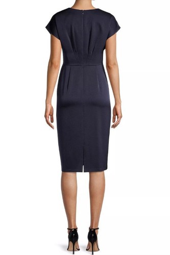 Pre-owned Aidan Mattox Sequin Lace Applique V-neck Cap Sleeve Peplum Satin Dress In Navy