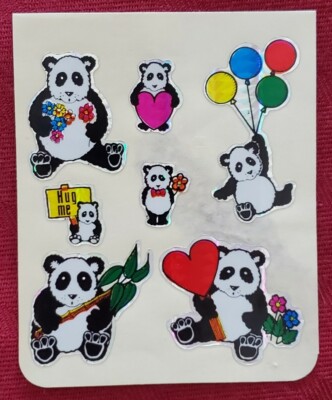 Vintage 80's Stickers: Shiny Prizm Pandas, Balloons, Hearts - 1 sheet