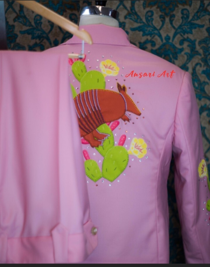 Pre-owned Art Men's 2 Piece Pink Country Western Embroidered Designer Blazer & Pant Suit Set