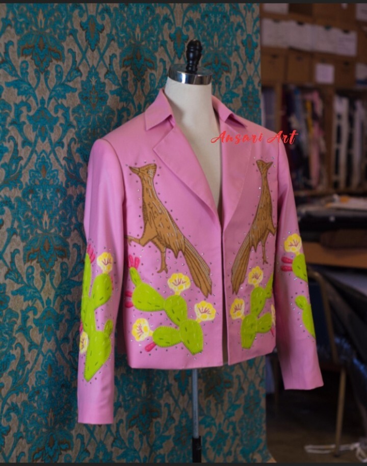 Pre-owned Art Men's 2 Piece Pink Country Western Embroidered Designer Blazer & Pant Suit Set
