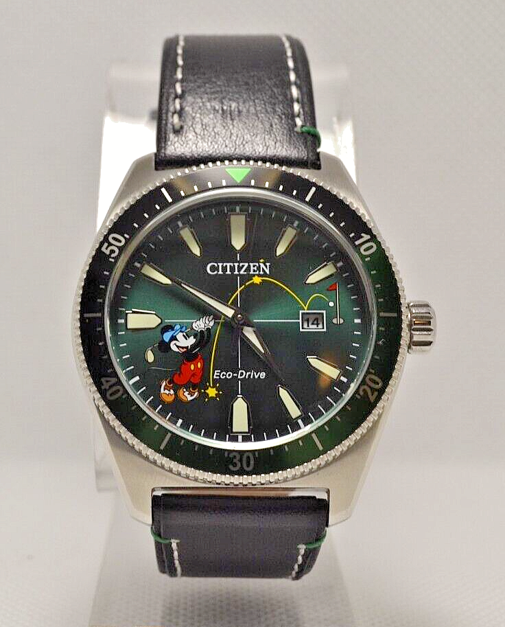 Pre-owned Citizen Eco-drive Aw1595-01w Men's 42mm Disney Mickey Golf S/steel Watch