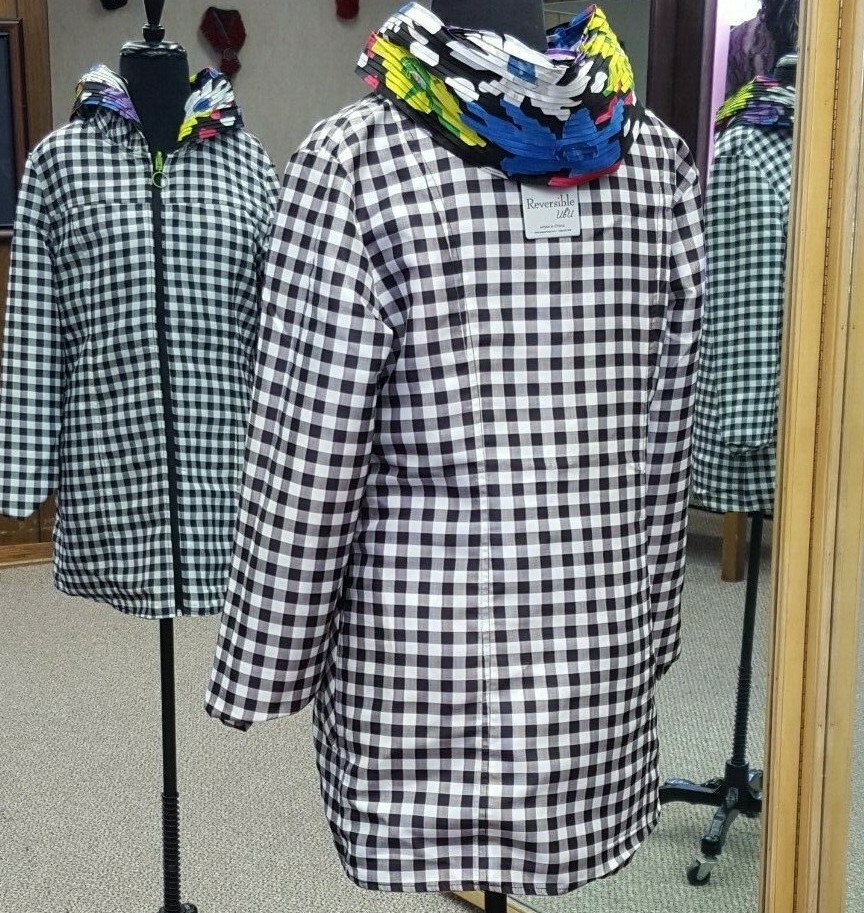 Pre-owned Ubu Reversible 32" Zip Front Raincoat - Vivacious Floral To Gingham Plaid In Multicolor