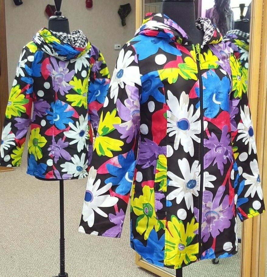 Pre-owned Ubu Reversible 32" Zip Front Raincoat - Vivacious Floral To Gingham Plaid In Multicolor
