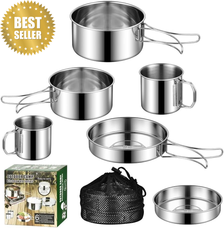 10-Piece Camping Cookware Set, Stainless Steel Outdoor Cooking Kit with Foldable
