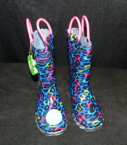 WESTERN CHIEF NWT Navy Blue Groovy Leopard Light-Up Rubber Rain Boots Kids sz 9