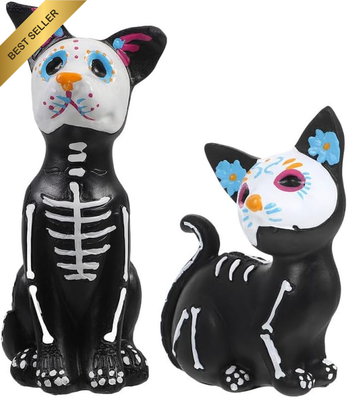 2Pcs Halloween Cat Dog Statue Day of the Dead Resin Spooky Animal Dog Figurine H