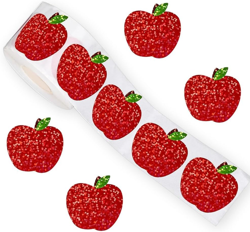 500Pcs Laser Red Apple Stickers Roll 1In Sparkly Waterproof Decals