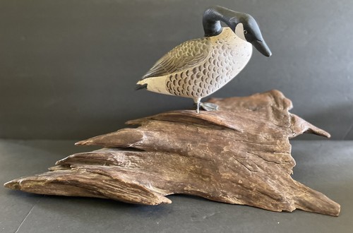 カナディアングース　木製　カービング作家　KEN.SERBUS Hand Carved Canada Goose Figure on Driftwood Maine Estate