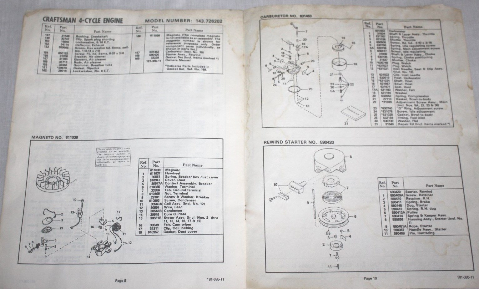 Sears Craftsman Engine Owner's Manual, Model 143.726202, 1982 vintage