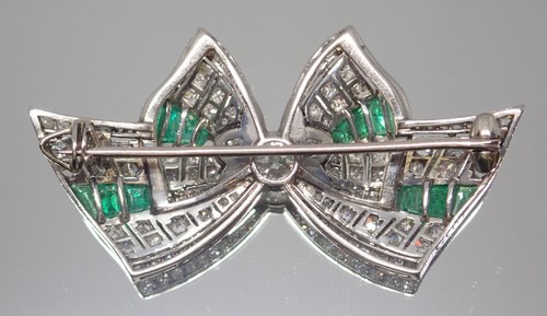 Art Deco Platinum 1.56 Old European Cut Diamond & Emerald Bow Pin for Repair