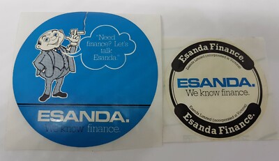 Vintage   Stickers 2 x ESANDA FINANCE  7.5cm &10cm Diameter 'We Know Finance'