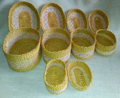 Vintage Set of 5 Oval Nesting Baskets Sweet Grass Hand Woven 7'' x 5'' x 4'' High