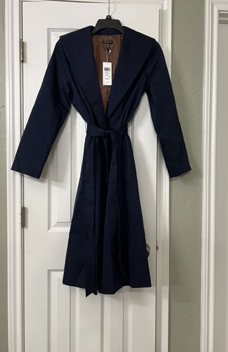 Pre-owned Eileen Fisher Large $498  Midnight Organic Cotton Twill Wide Collar Long Coat