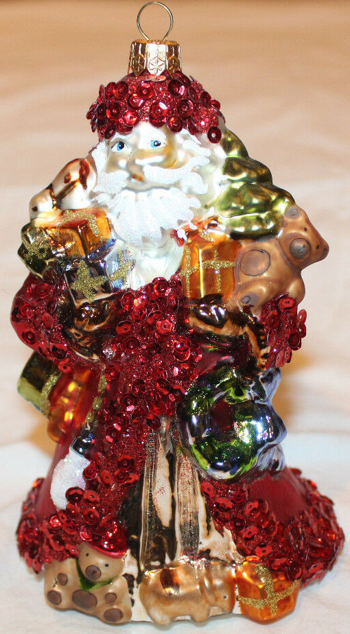 VGUC POLONAISE Kurt Adler Santa w/ Toys & Teddy Bears ~ Covered in Red Sequins