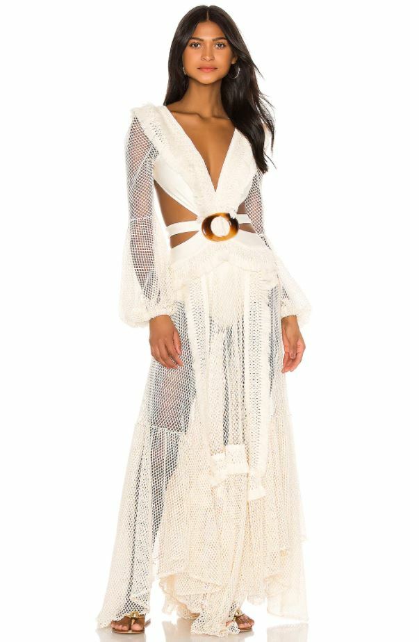 ワンピース PATBO Long dress with embroidered courset and fringes PATBO Long Sleeve Fringe Ivory Beach Dress - Large - New