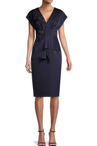 Pre-owned Aidan Mattox Sequin Lace Applique V-neck Cap Sleeve Peplum Satin Dress In Navy