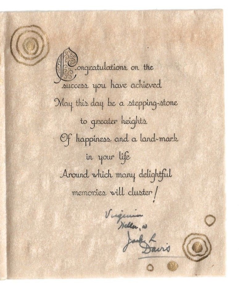 Vintage Graduation Greeting Card Ink Well Hand-Painted Parchment Stock Signed