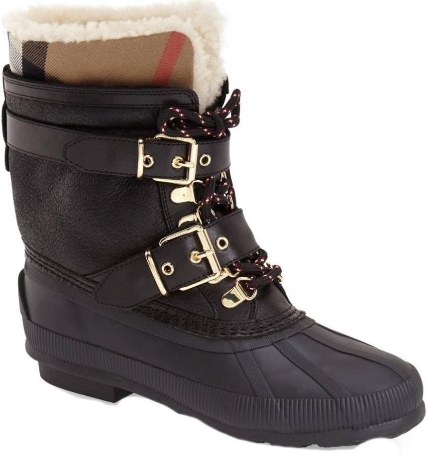 Pre-owned Burberry Shearling And Check Leather Rain Snow Boots Authentic