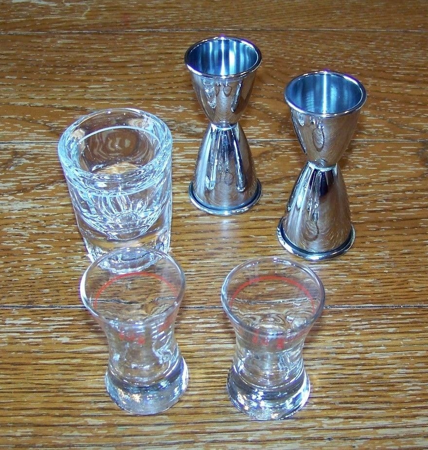 Lot of 5 Shot Glasses Measuring Line Jiggers Bar Ware Glass